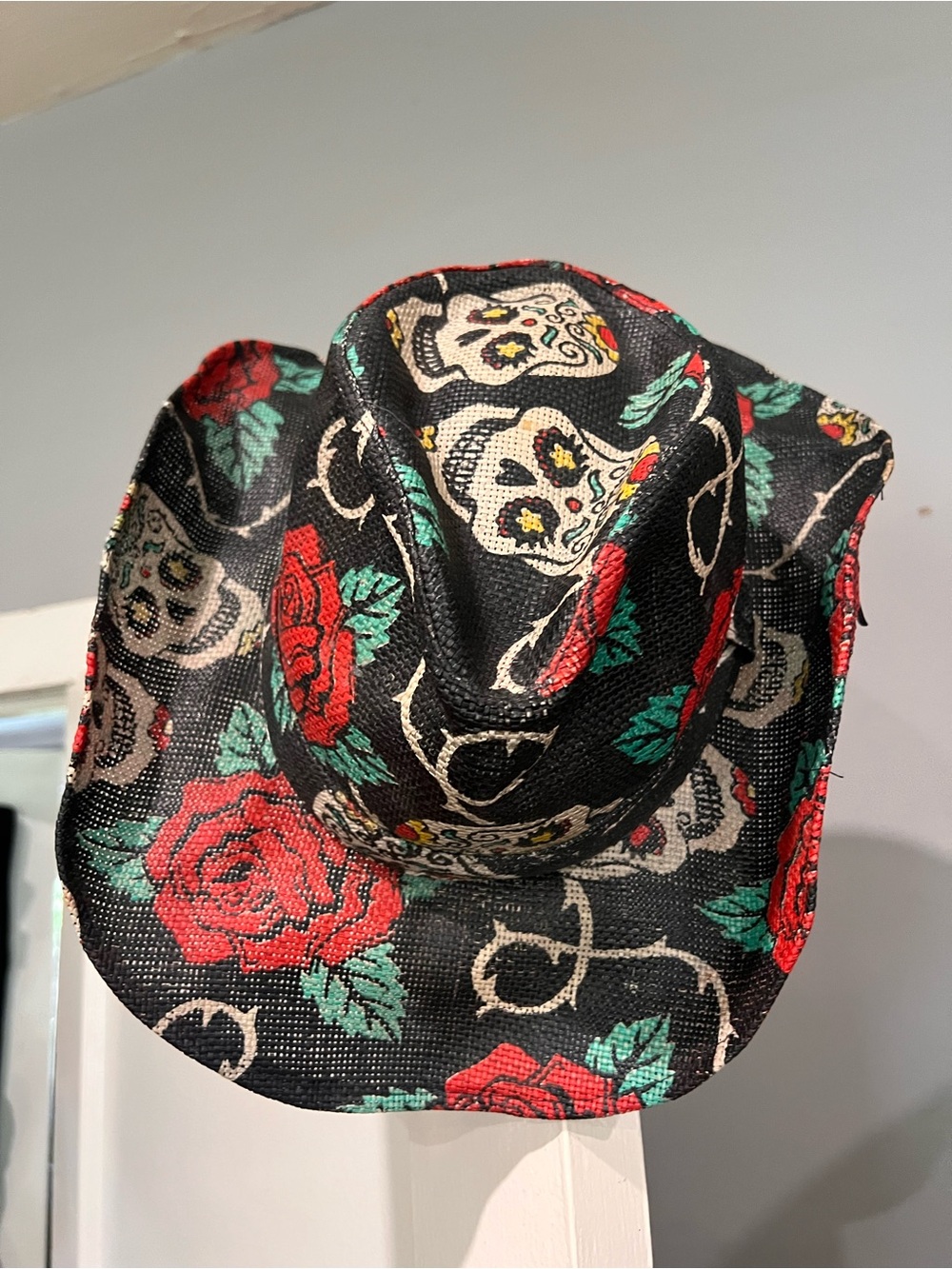 Peter Grimm Black Cowboy Hat with Red Rose & Cream Sugar Skulls